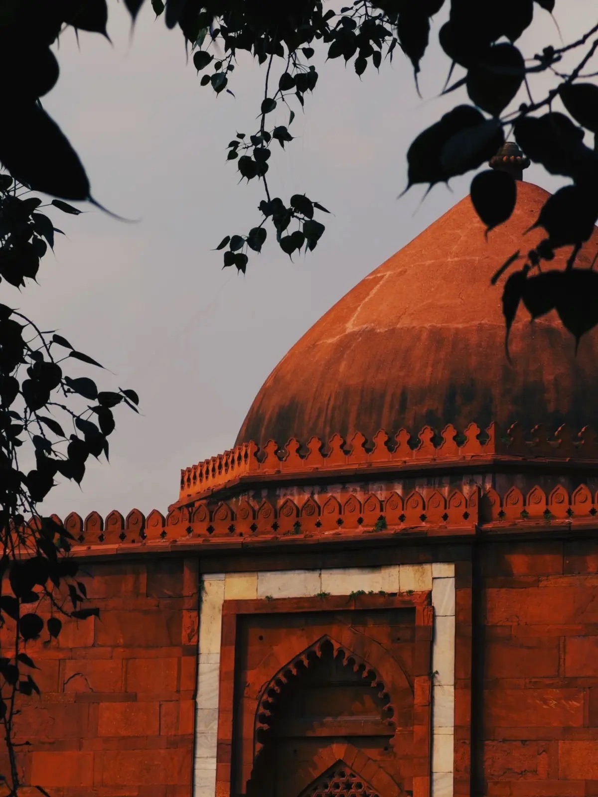 A red sandstone dome and archway, seen through silhouetted leaves